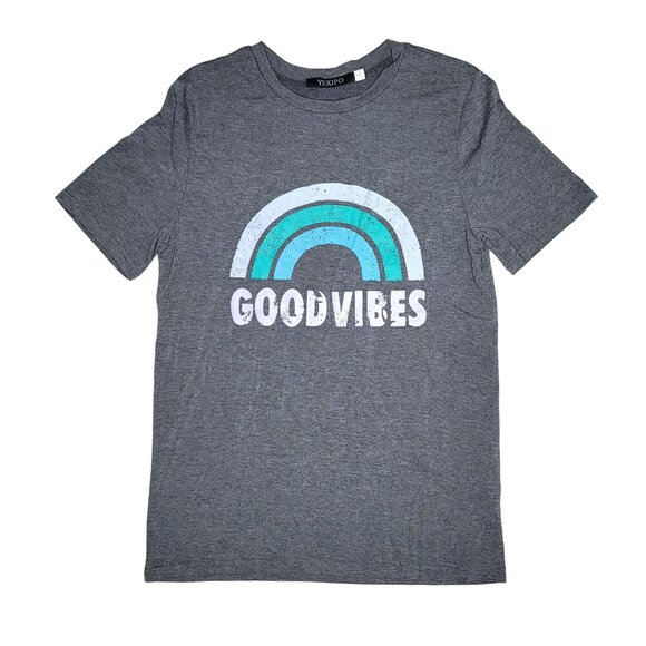 Yexipo Good Vibes Graphic Tee Grey super soft size small - Picture 2 of 6